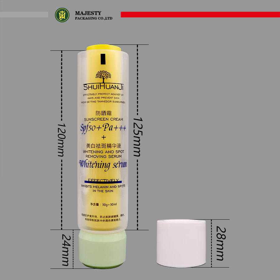 أنبوب مزدوج ناعم من البلاستيك ذو غرفة مزدوجة 50 ~ 100 مل حاوية كريم العين لوشن الجسم مع طباعة الشاشة للاستخدام التجميلي